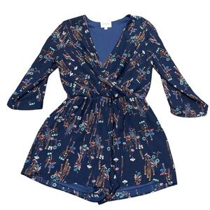 Everly Anthropologie Navy Blue Floral Bohemian Romper Size Medium